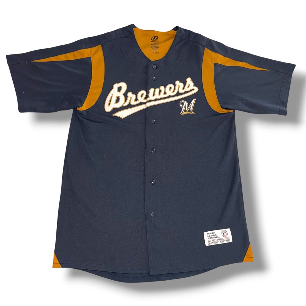 Dynasty Baseball Jersey Mens Medium Navy Blue Milwaukee Brewers MLB Dynasty